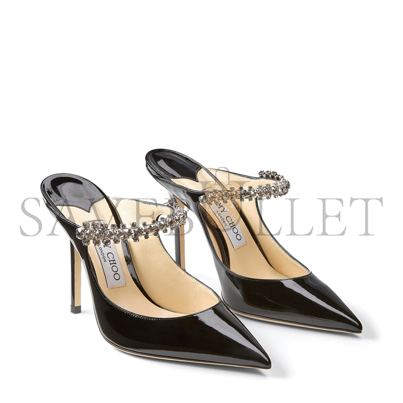 JIMMY CHOO BING 100 BLACK PATENT LEATHER MULES WITH CRYSTAL STRAP BING100PAT